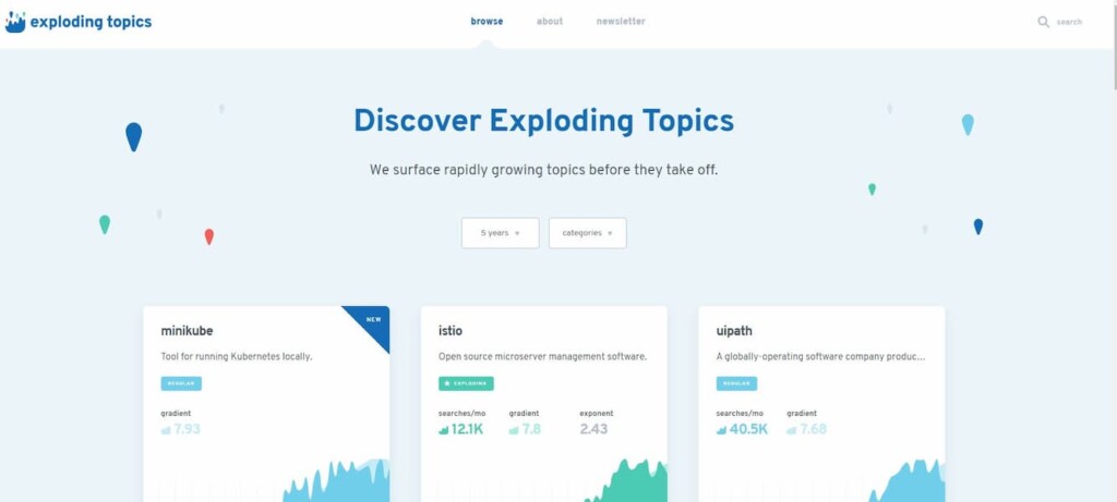 The Exploding Topics Website Homepage allows for searching by topic/ category type and timeframe - Image is on a post about How to Discover Exploding Topics